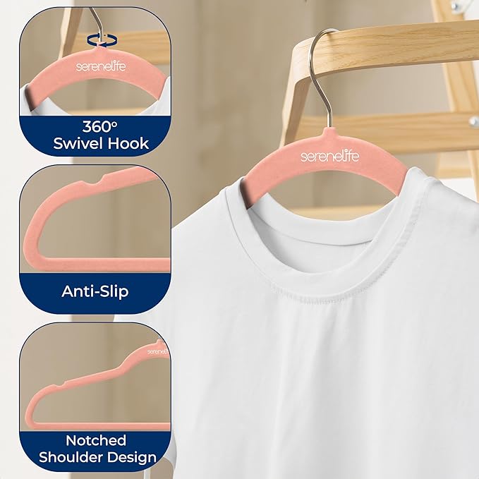 SereneLife 150-Pack Velvet Hangers – Ultra-Thin Space Saving Pink Clothes Hangers with 360° Swivel Hooks, Non-Slip Heavy Duty Design for Coats, Dresses, Shirts & More – Lightweight & Durable