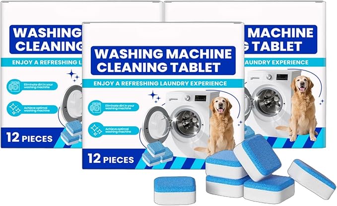 Eco-Friendly Washing Machine Cleaner, 12 Pack Washing Machine Deep Cleaner Tablets, Remove Stubborn Pet Hair, Septic Safe, Compatible with HE, Top & Front Load Washers (3PCS)