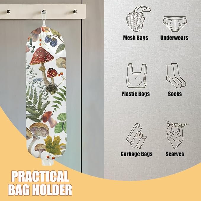 2 Pcs Mushroom Plastic Bag Holder for Kitchen Essentials, Floral Butterfly Grocery Bag Holder Plastic Storage bag, Washable Shopping Bags Storage Dispenser for Home Kitchen, Mushroom Gifts for Women