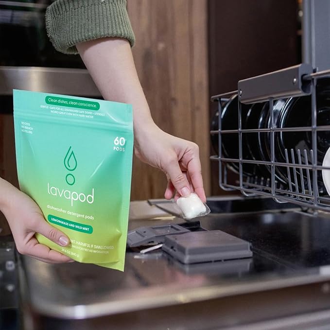 Natural Dishwasher Pods | Plant-Based Enzyme Dishwasher Detergent, Lemongrass & Wild Mint, Eco-Friendly, Tough on Grease & Food Residue, 60 Count