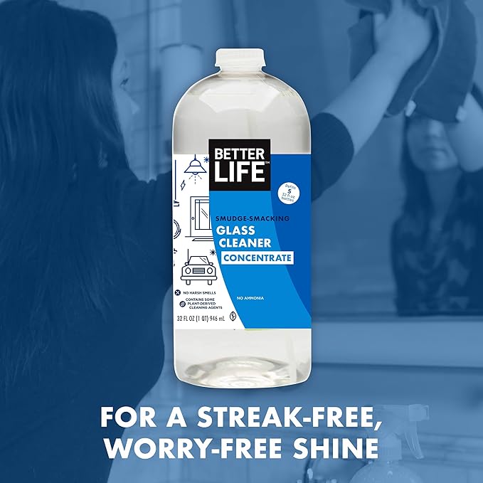 BETTER LIFE Glass Cleaner Concentrate - Streak-Free Window Cleaner for Home, Kitchen, Bathroom, Shower, Car - Works on Glass, Windows, Mirrors, Light Fixtures - 32oz Unscented