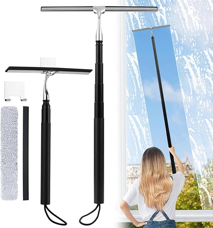2 in 1 Window Squeegee, Shower Squeegee Window Cleaning Kit with Extension Pole Long Handle Squeegee for Shower Glass Floor Bathroom Home Outdoor, 12 inch Wide, Black