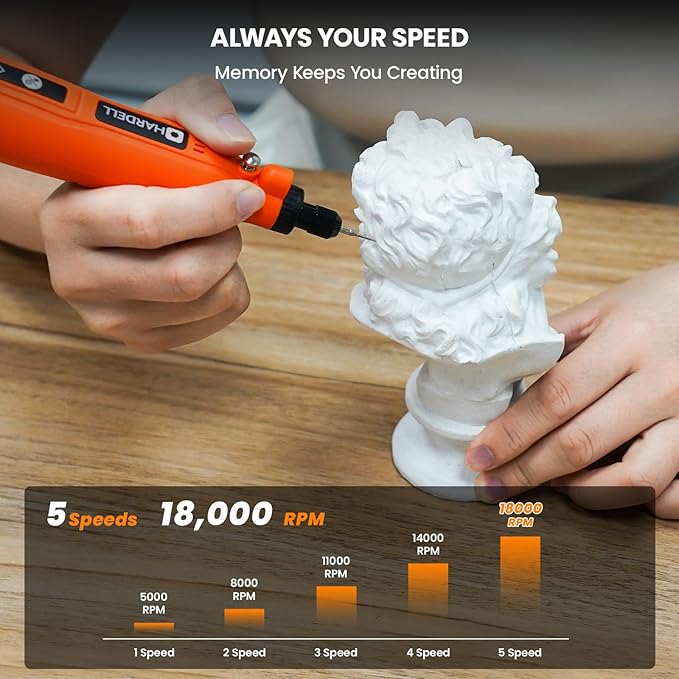 HARDELL Rotary Tool, 5 Speed Rechargeable Engraving Pen - Electric Cordless Engraver Pen for 60+ Surfaces - Beginner Friendly with 37 Accessories, Ultimate Engraving Pen Kit for Artists & DIYers