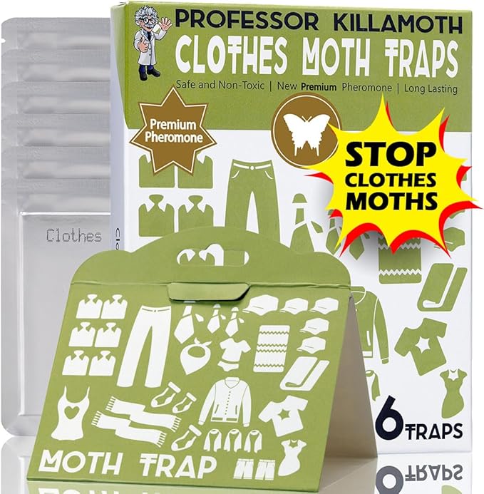 Professor Killamoth Triple Strength Clothes Moth Traps – Safe, Non-Toxic Closet Moth Prevention for Clothes & Wool – Pheromone Traps for House & Wardrobe Protection – 6 Pack