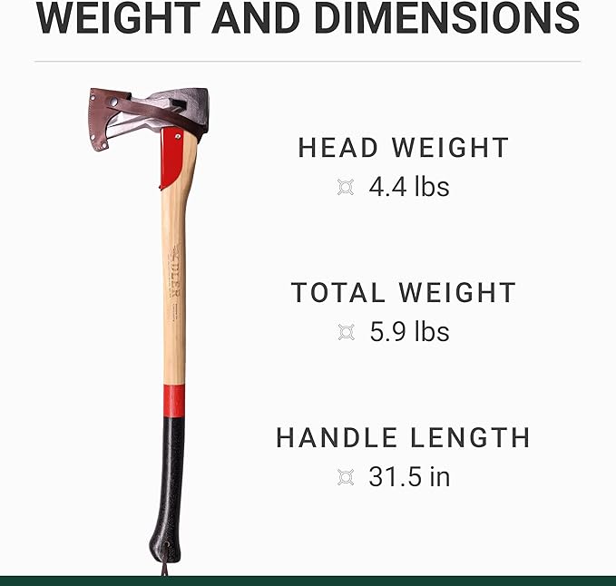Adler - The Long Splitter, 31.5 inch Anti-Slip Hickory Handle, Leather Sheath, Splitting Axe for Rounds up to 10'', 4.4 pound Head, German Made