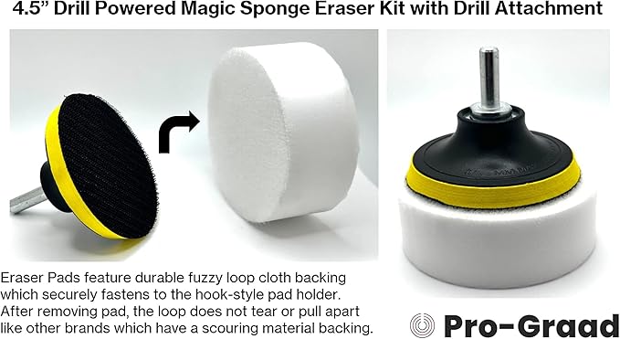 4.5” Drill Powered Magic Sponge Eraser 6 Pieces Kit with Drill Attachment | 25% Thicker Ultra Durable Melamine Cleaning Eraser Pads for Bathroom Kitchen Floors Walls Baseboards Crayon Marker and More