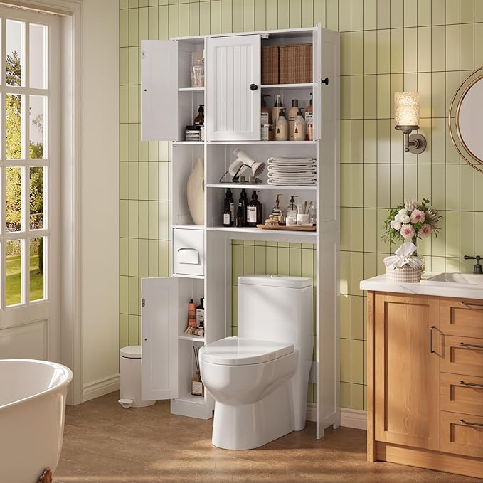 Ahomly Over The Toilet Storage Cabinet, Over Toilet Bathroom Organizer with Adjustable Shelves and Five Doors, Above Toilet Storage Cabinet for Bathroom, Restroom, Laundry, White