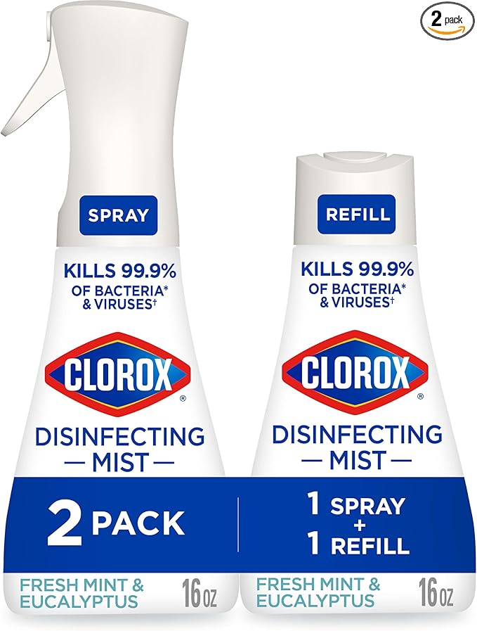 Clorox Disinfecting Mist, Eucalyptus Peppermint, Household Essentials, 1 Spray and 1 Refill, 16 oz Each