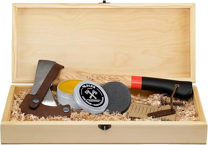 Adler Hatchet Gift Set - Made in Germany - Includes: Rheinland 14" Camping Hatchet with Leather Sheath, Dual Axe Sharpening Stone, Axe Balm Packed in a Real Wood Sustainable EU Box