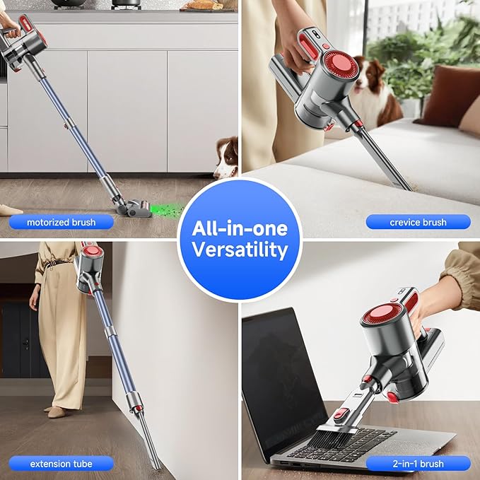 Honki Cordless Vacuum Cleaner for Home, Powerful Stick Vacuum with Rechargeable Battery, Green Light Anti-Tangle Brush, 6-in-1 Lightweight Handheld Vacuum for Pet Hair, Hard Floor, Carpet, Red