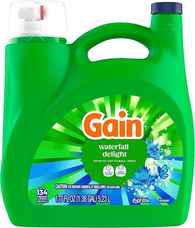 Gain Ultra Oxi Liquid Laundry Detergent, Waterfall Delight Scent, 177 fl oz, Freshness + Odor Fighting, High Efficiency Washing Machine Liquid Cleaning Soap, 134 Loads (Packaging May Vary)