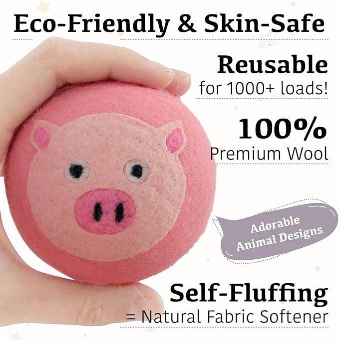 Wool Dryer Balls XL 6-Pack with Felt Box - 100% Pure Wool, Eco-Friendly Fabric Softener, Reduces Wrinkles & Drying Time, Anti-Static, Hypoallergenic, Reusable for 1000+ Loads (Pink Pig)