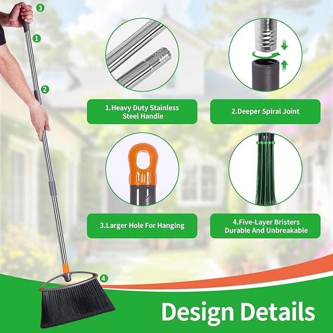 Soft Bristle Broom, Heavy Duty Broom with Collapsible Handle, Ideal for Indoor Outdoor Hardwood Floors Kitchen Salon Camping Cat Pets Hair Home Room Office, Sturdy and Durable, Gray