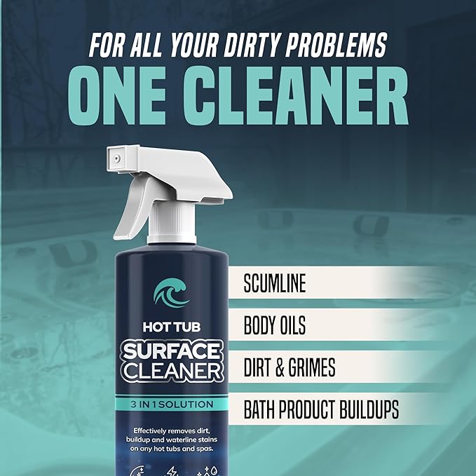Hot Tub Surface Cleaner – Fast Acting Formula, Easy Spray & Wipe Use, For Acrylic, Vinyl, Fiberglass, Inflatable, Swim Spa & Jet Tubs, Removes Dirt, Grime & Waterline Residue – Made in USA, 16 oz