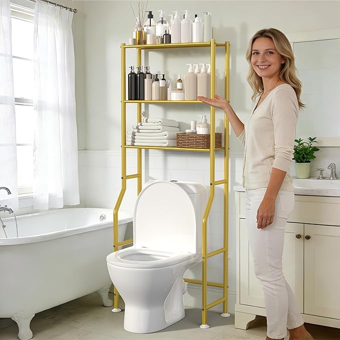 3-Tier Over The Toilet Storage, Freestanding Metal Bathroom Shelves, Space Saver Above The Over Toilet Storage Shelf for Bathroom (Gold)