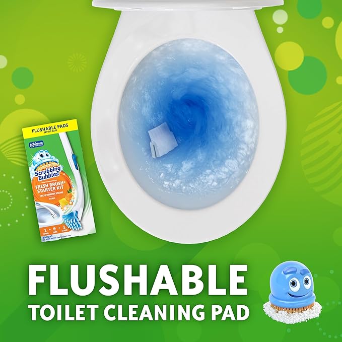 Scrubbing Bubbles Toilet Bowl Cleaning System with Flushable & Disposable Cleaner Refill Pads, Fights Odors and Helps Remove Limescale & Hard Water Stains, Citrus Scent, 1 Wand + 4 Refills + 1 Stand