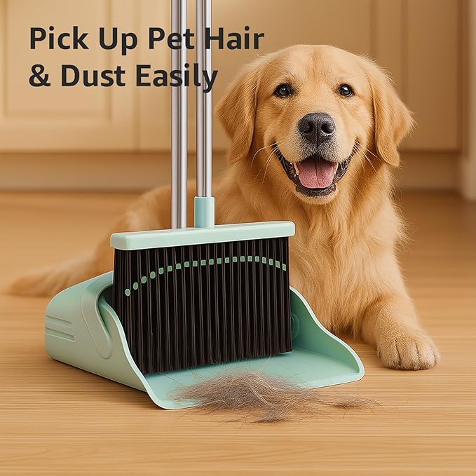 Pet Hair Broom and Dustpan Set, Self Cleaning Teeth No Hair Tangling, Heavy Duty 4 Layer Bristles, Long Handle Upright Sweep Set, Rubber Lip No Dust Left Behind for Home Floor Cleaning(Green)