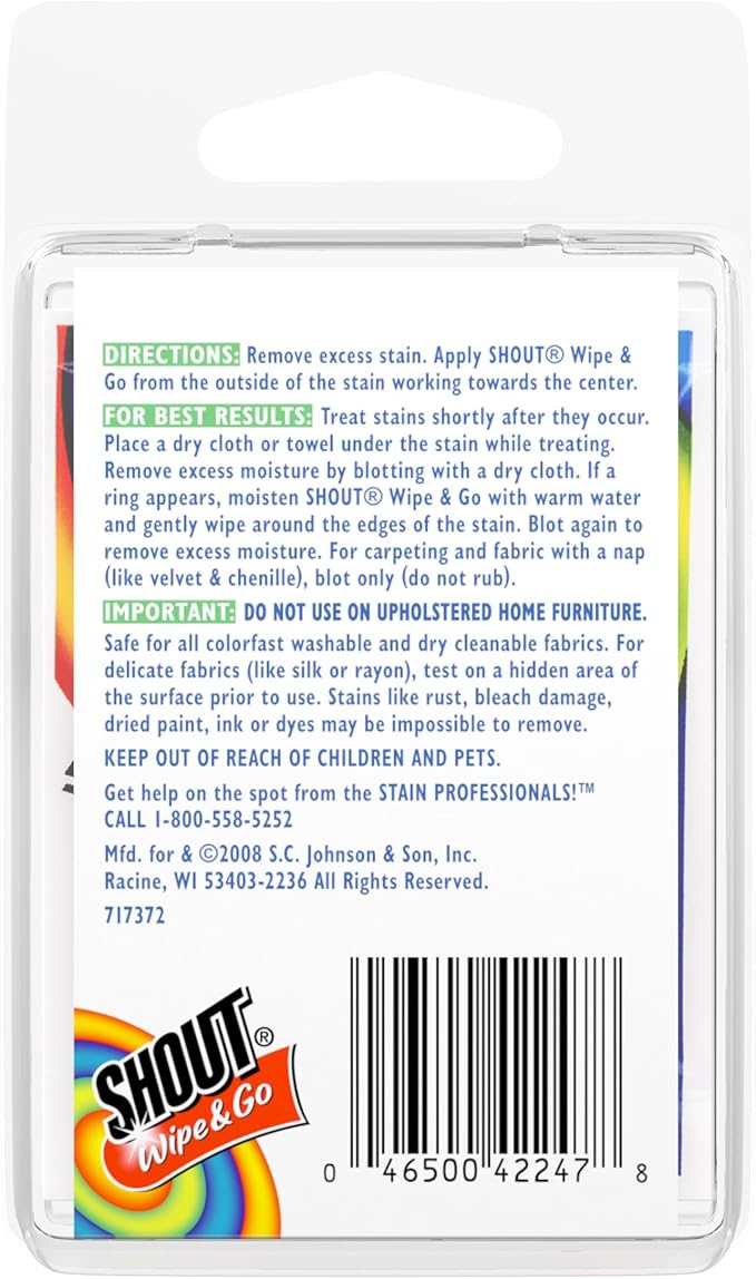Shout Wipes, Wipe and Go Instant Stain Remover, Laundry Stain and Spot Remover for On-the-Go, 4 Wipes (Pack of 1)