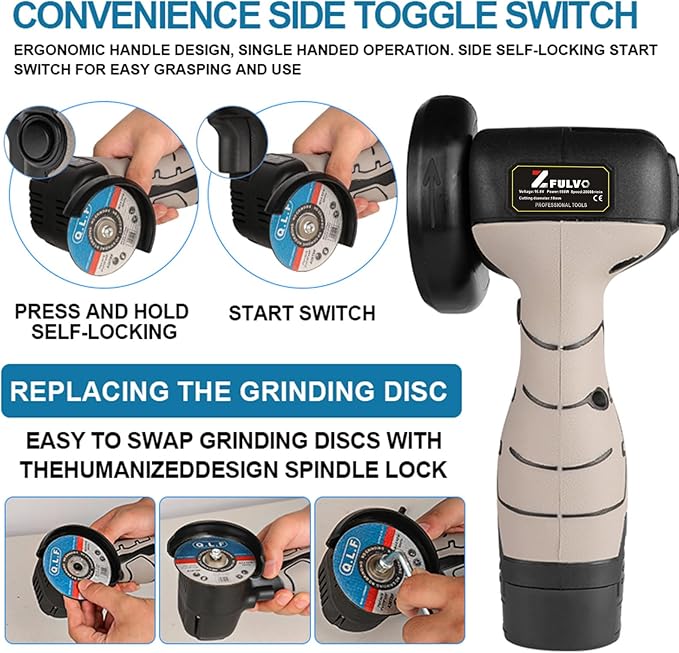 Cordless Brush Angle Grinder Kit, 19500rpm Mini Electric Angle Grinding Tool with 2pcs 16.8V 2000mAh Batteries and 5-Cutting Discs, Grinder Handheld Cutter for Metal Wood