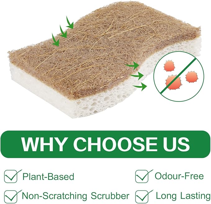 Natural Kitchen Sponge,12 Pack Kitchen Dish Sponge with Coconut Fiber and Compostable Cellulose, Natural Household Cleaning Sponge for Dishes,Pots,Sinks