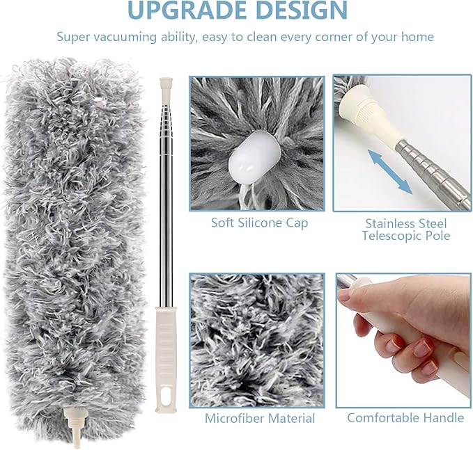 Microfiber Duster with Extension Pole(Stainless Steel) 30 to 100'', with Bendable Head, Extendable Long Duster for Cleaning Ceiling Fan, High Ceiling, Keyboard, Furniture Cars Gray