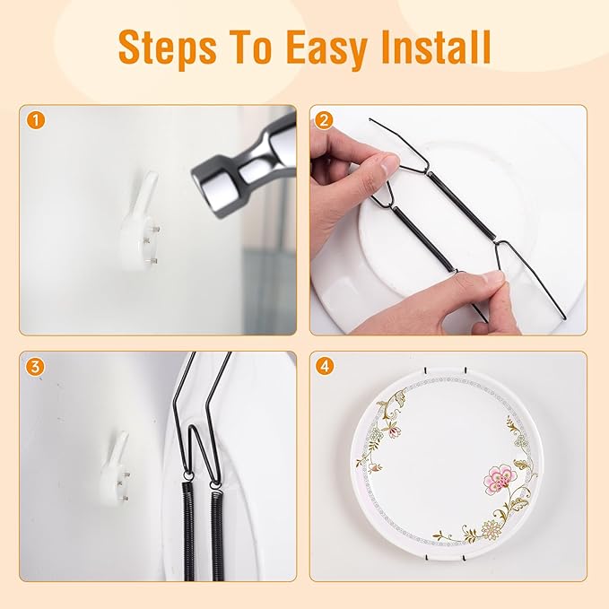 Plate Hangers for The Wall, Suitable for 6-8 inch Decorative Plate, Stainless Steel Wire Plate Holder with Wall Hooks and Rubber tip Protectors, Plate Hangers for Displaying Plates, Platter, Black