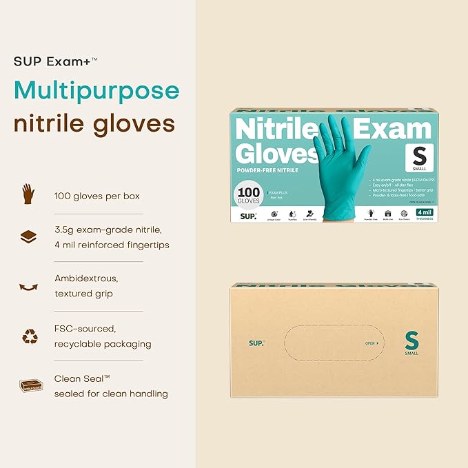 SUP Powder-Free Nitrile Gloves, 100 Count Food Safe Latex-Free Disposable Gloves for Medical Cooking Cleaning Food Prep, Teal