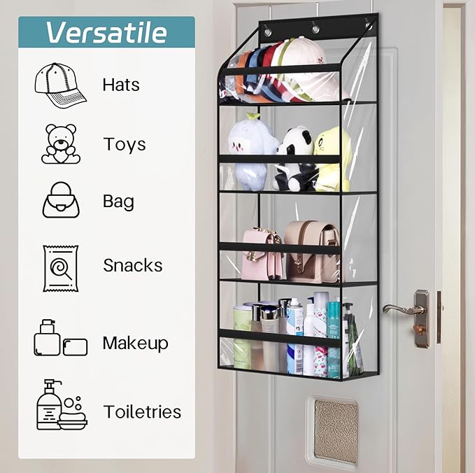 AOODA Clear Over the Door Hat Racks for Baseball Caps, Hold 48 Caps Hat Storage Organizer for Closet Wall, Deep Pockets Hanging Snapback Holder Shelves with 3 Hooks, Black