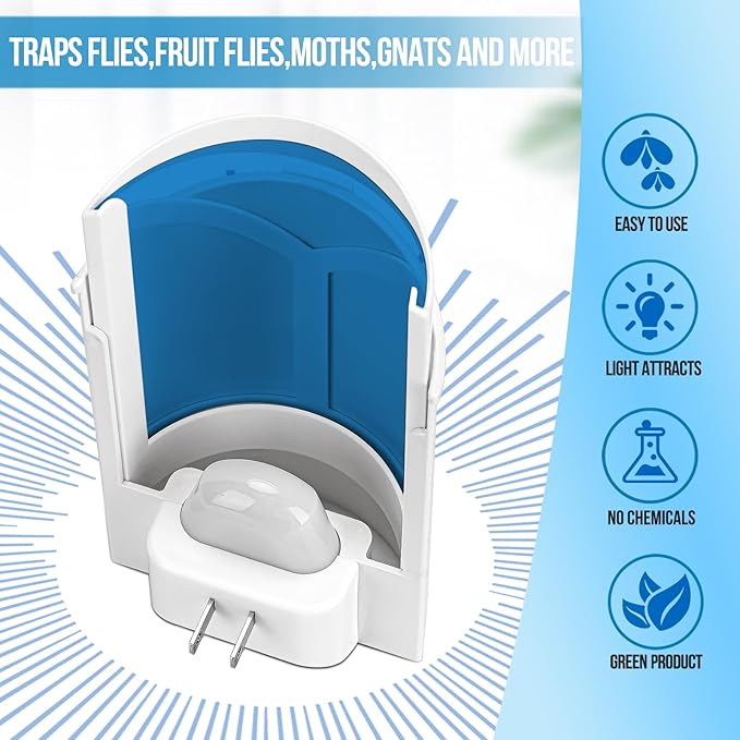 Flying Insect Trap with 4 Refills - Plug-in Bug Catcher for Gnats, Fruit Flies, Moths | Blue & UV Light | Mess-Free Adhesive Disposal Bug Zapper for Home, Office