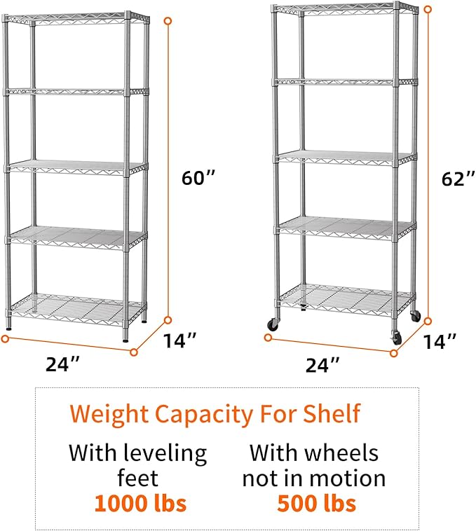 SINGAYE 5 Shelf Storage Wire Shelves Closet Bathroom Organizers Metal Pantry Kitchen Garage Shelving Unit Laundry Room Organization Home Narrow Rack Net Basket with Wheels Silver