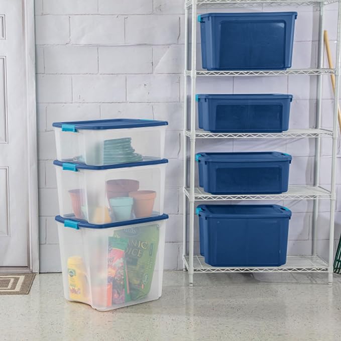 Sterilite 18 Gal Latch and Carry, Stackable Storage Bin with Latching Lid, Plastic Container to Organize Closets, Clear with Blue Lid, 18-Pack