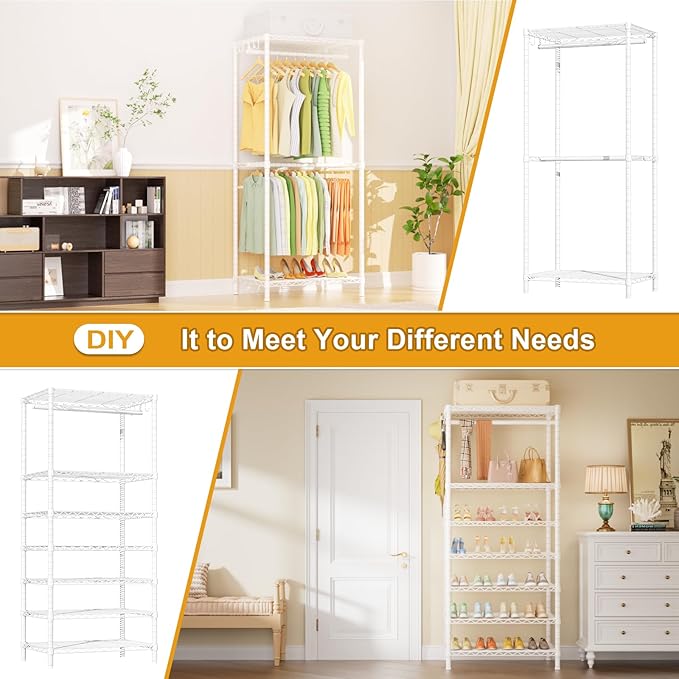 Ulif E13C Heavy Duty Closet Organizer System，Freestanding Clothing Racks for Hanging Clothes，Adjustable Garment Rack 63" W x 16" D x 77" H Hold 960 lbs，White Clothing Rack with Grey Dustproof Cover