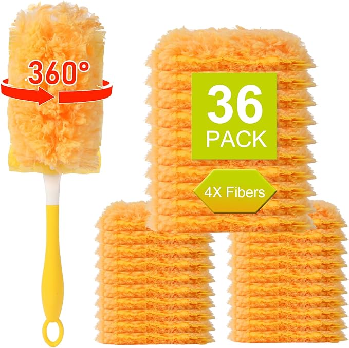 360° Heavy Duty Duster Refills for Swiffer Dusters, Multi-Surface Larger Size Duster with 4X Microfibers, Disposable Duster Refills Kit for Cleaning, Unscented, 36 Pack & 1 Handle