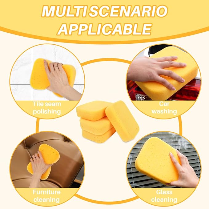 4PCS Large Car Wash Sponge – Sponges for Cleaning Extra Thick High-Density Pottery Sponges, Scratch-Free, Super Absorbent, Reusable for Auto Detailing, Waxing, and Cleaning