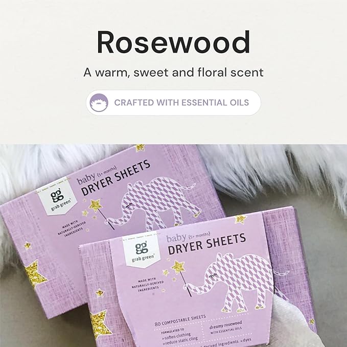 Grab Green Baby Laundry Dryer Sheets, 160 Sheets, Dreamy Rosewood Scent, Plant and Mineral Based, Compostable, Softens Clothing and Linens, Reduces Static Cling