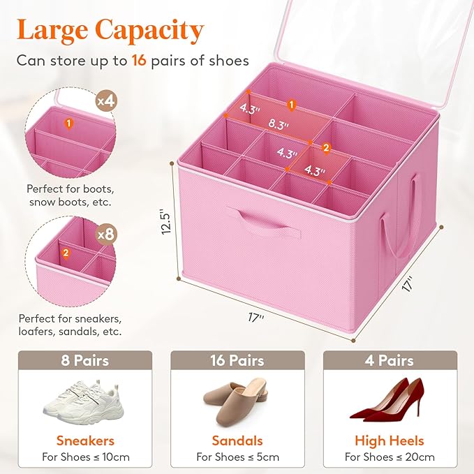 Lifewit 6 Pack Shoe Storage Organizer for Closet, Large Shoe Box Storage Containers with Clear Cover, Foldable Storage Bins Fit for Boots Fits 72-96 Pairs (Each 12-16 Pairs) Pink