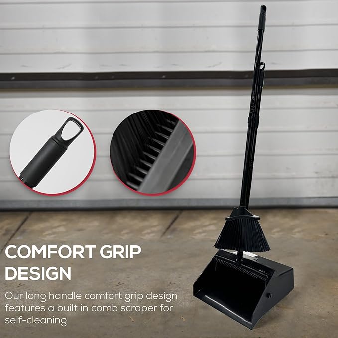 KLEEN HANDLER 48.5" Broom with Dustpan Combo Set with Long Handle for Home, Kitchen, Office, Lobby, Indoor/Outdoor Sweeping & Commercial Use, Black (1 Set)