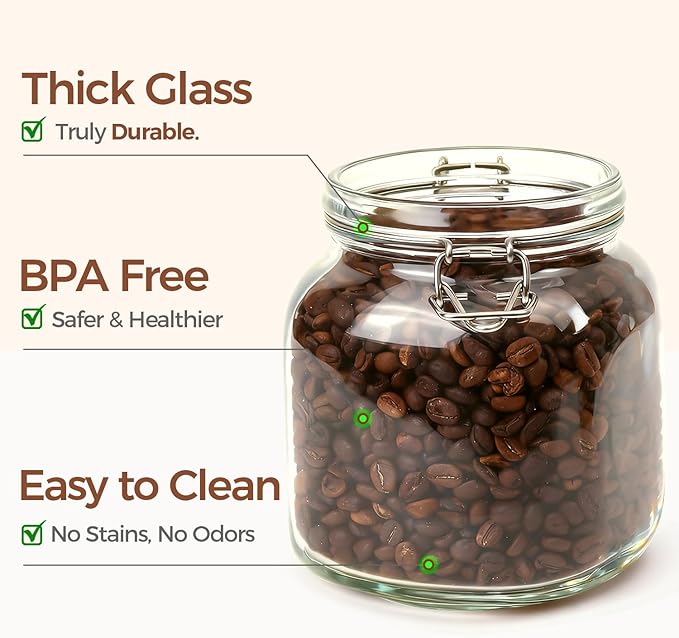ComSaf 3-Pack Square Glass Coffee Canisters for 1lb Bean Bags, 34oz Airtight Jars with Clamp Lids for Tea, Sugar & Flour, Space-Saving Pantry Organization for Small Apartments & Coffee Station