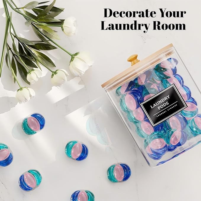 2+1 Pack Glass Laundry Pods Container & Acrylic Dryer Sheet Holder, Clear Laundry Room Organization Containers with Bamboo Lids & Labels, Powder Laundry Detergent Container for Scent Booster, Powder