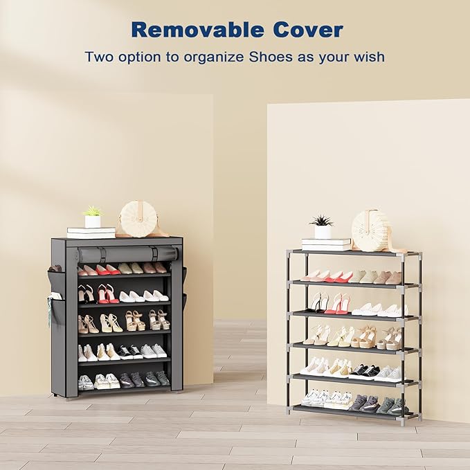 Mavivegue Shoe Rack with Cover, 5 Tier Shoe Organizer for Entryway, Shoe Storage for Front Door Entrance, Closet, Garage, Grey