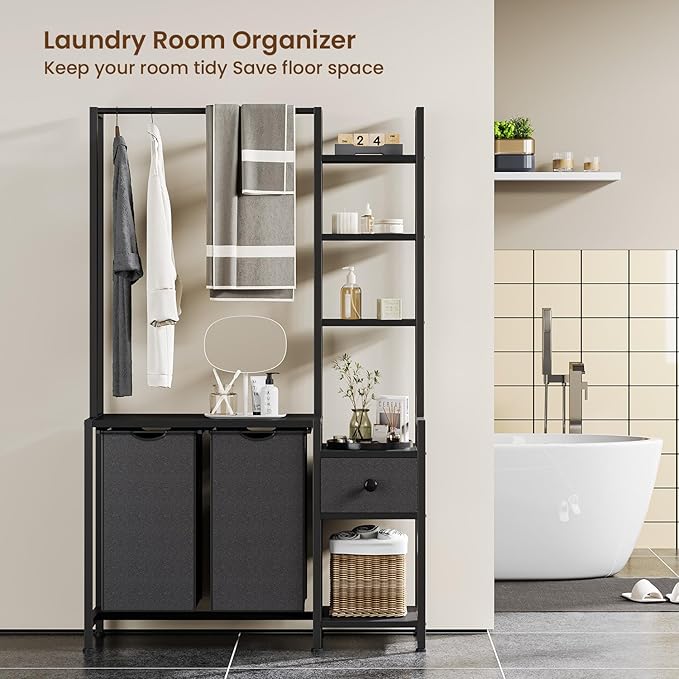 Creso hom Laundry Hamper with Shelf, 5 Tiers Tall Laundry Basket Sorter with 2 Pull-Out and Removable Bags, Clothes Rack with Laundry Sorter for Laundry Room Bathroom Bedroom, Black