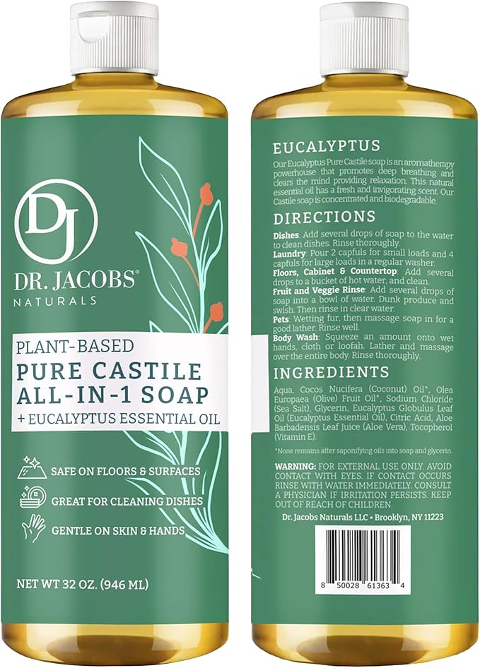 Dr. Jacobs Naturals Eucalyptus Castile All-in-One Cleaner and Soap - Plant-Based Formula for House Cleaning Floors and Appliances - Gentle on Skin and the Planet - 32 oz, 1 Pack