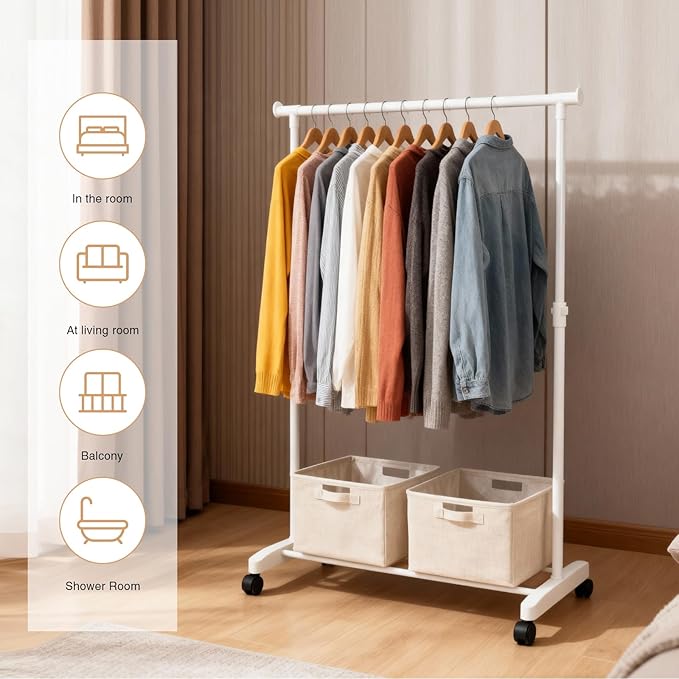 Clothing Drying Rack with Wheels, Standard Rod Simple Rolling Metal Laundry Rack Organizer, 34 Inch Wide with Bottom Shelf for Hanging Clothes Coats Skirts,White