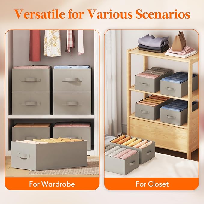 Lifewit Wardrobe Clothes Organizer 12 Pack, Large Size 6 Grids Closet Jean Storage Bins with Handles and Support Boards, Foldable Drawer Dividers for Sweater, Pants, T-Shirt, Hoodie, Dress, Grey