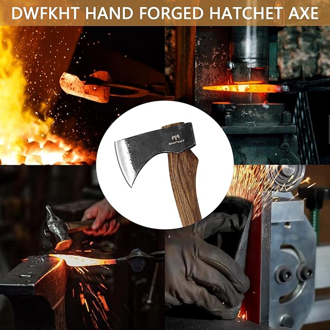 15.7" Hatchet, Camping Hatchet, Hand-Forged Axe with Sheath for Wood Chopping, Splitting, and Carving, Bushcraft Axe with Beech Handle for Outdoor Survival and Garden Work