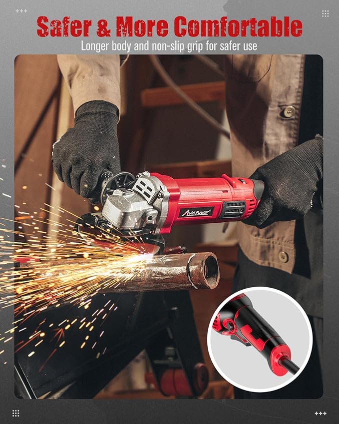 AVID POWER Angle Grinder 4-1/2 Inch 8.0 Amp 1000W Electric Grinder Tool 7-Variable-Speed Metal Grinder, 11,500 RPM, Paddle Switch with Lock-on Button, Cutting & Grinding Wheels and Side Handle - Red