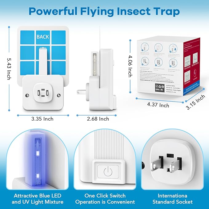 Fly Trap lndoor, 2 Pack Plug-in Fruit Fly Traps with 6 Refills, Gnat Killer Indoor Bug Catcher for Flies, Moths & Other Flying Insects