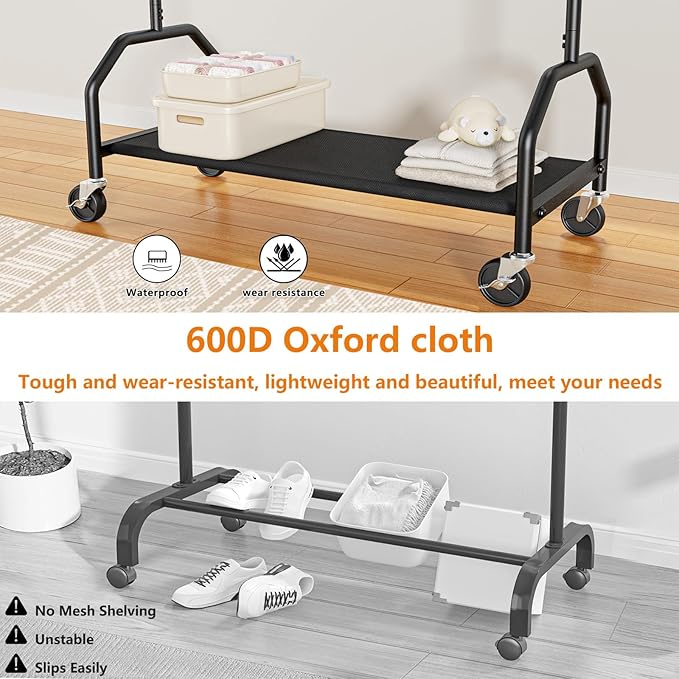 Wiracks Clothes Rack Double Hanging Clothes Rack Clothing Rack Garment Rack 130LBS Capacity 34.5" W X15.8 D X 79" H Rolling Clothes Racks for Hanging Cothes with Bottom Shelf