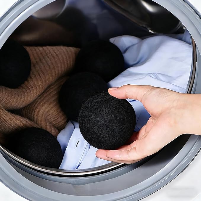 6 Pack Wool Dryer Balls Laundry Reusable Anti Static, Cotton Balls Wool Laundry Balls for Dryer Reduces Clothing Wrinkles Natural Fabric Softener Last 1000+ Loads (Black, 2.75 in/7 cm)