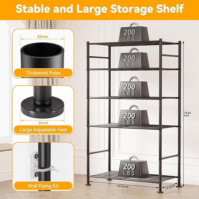 BolDuck 5 Tier Shelf Organizer Rack, Metal Shelving Unit with Adjustable Leveling Feet, Space-Saving Storage Shelves for Garage Closet Laundry Bathroom Kitchen Pantry, 33.07”Wx12.6”Dx72.04”H,Black